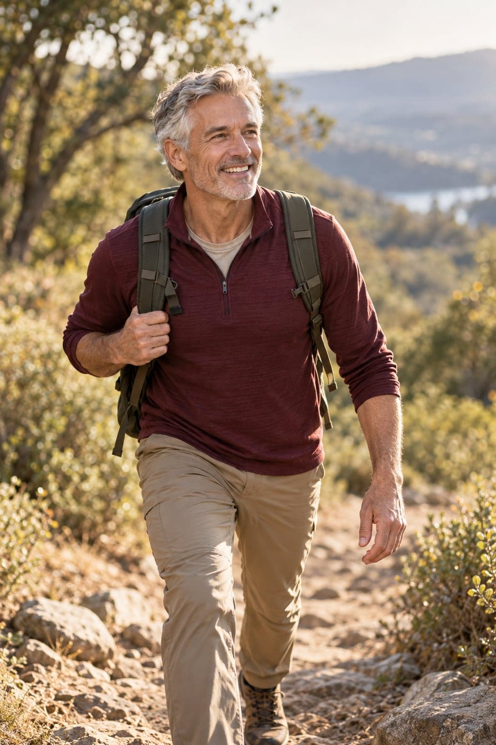 Older man smiling on a sunlit hiking trail