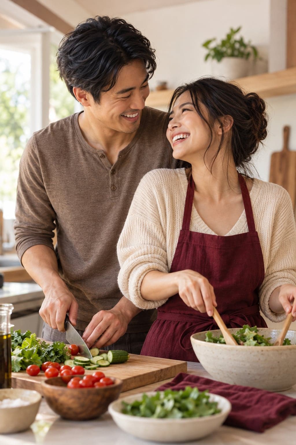 Couple laughing while cooking together
