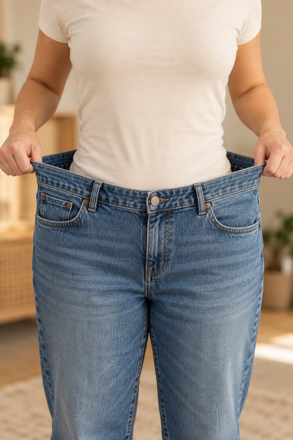 Person holding out the waistband of oversized jeans